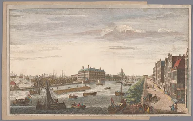 Oversikt over Admiraliteitsmagazijn i Amsterdam En utsikt over admiralitetet i Amsterdam, av butikkhusene, bryggene og bryggene, som tilhører det, og til East India Company of Holland (tittel på objekt)
