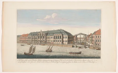 Utsikt over vinterpalasset og kanalen mellom elvene Mojka og Neva i St. Petersburg En utsikt over det antiente vinterpalasset som tilhører hennes keiserlige majestet, og av kanalen som forbinder Moikaen med Neva, ved St. Petersburg (tittel på obje)