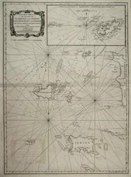 Et generelt kart over øyene Guernsey og Jersey, Sark, Herm, Jethou og Alderney, med Cape la Hague og Caskets