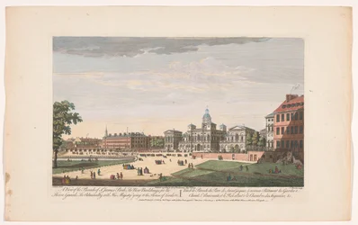Utsikt over Horse Guards Parade i London med avgang av George II Augustus, kongen av Storbritannia, til House of Lords Utsikt over Parade of St. James Park, de nye bygningene for hestevaktene, Admiralitetet med Hans Majestet skal