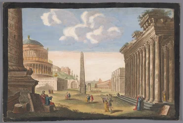 Utsikt over ruinene av Trajans søyle, Konstantinbuen og andre monumenter ved Roma Ruinene av det gamle Roma (tittel på objektet)