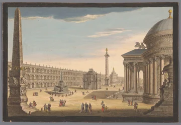 Utsikt over en obelisk, en triumfbue, en søyle og andre bygninger i Roma Roma i sin originale prakt (tittel på objekt)