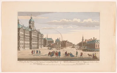 Utsikt over rådhuset i Amsterdam med brannmenn på Dam-plassen Utsikt over Stad-huset og motorene for å slukke brann ved Amsterdam (tittel på objekt) Holland (serietittel)