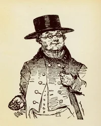 Portrett av Sir Pickwick, helten i romanen «Sir Pickwicks eventyr» av Charles Dickens (1812–1870)