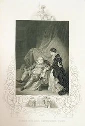 Henry VIII og Catherine Parr, i stykket Henry VIII eller 'All is True' av William Shakespeare (1564-1616) gravert av J. Rogers