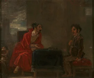 Illustrasjon for Don Quijote, to figurer ved et bord