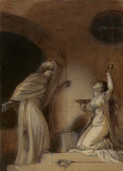 Illustrasjon for en østlig romantikk, muligens "The Arabian Nights", med knelende kvinnelig figur til høyre)