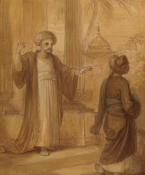 Illustrasjon for en østlig romantikk, muligens 'The Arabian Nights', med to mannsfigurer stående