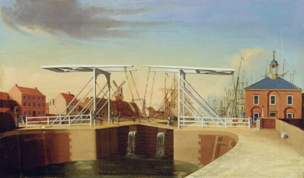 En østutsikt over broen og den nye dokken i Kingston upon Hull (olje på lerret)