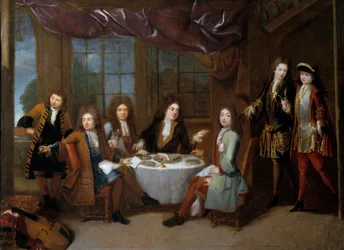Skinke frokost. Menn fra adelen som deler en kjøttpåleggsmiddag. Maleri av Robert Levrac Tournieres (1667-1752)