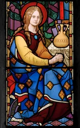 Østvindusdetalj, Kristus i huset til Martha og Maria, 1863 (farget glass)