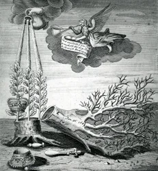 Emblematisk trykk som refererer til henrettelsen av Charles I og Stuart-følgen, 1715