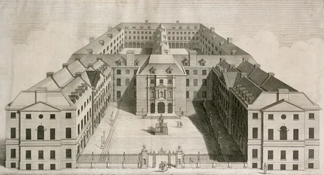 Fugleperspektiv av Guys Hospital, Southwark, med figurer i gårdsplassen, gravert av William Henry Toms, ca. 1756