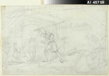 Smiingen av den gylne jomfruen, en skisse til en serie tegninger basert på Kalevala; En studie av Ilmarinens figur på forsiden (tosidig arbeid)