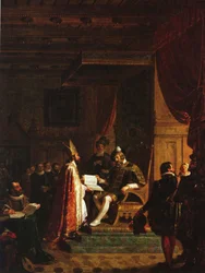 Mikael Agricola overleverer det finske NT til Gustav Vasa