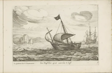 Dogger av hundestøvel En Dogh-boot groot om 8 Last / Dogh-Boot de 8 Tonneaux (tittel på objekt) Diverse skip ikke på se sert dans les Provinces Unies / Ikoner for forskjellige nederlandske skip hvis bruk hovedsakelig er i det indre farvannet i regionen