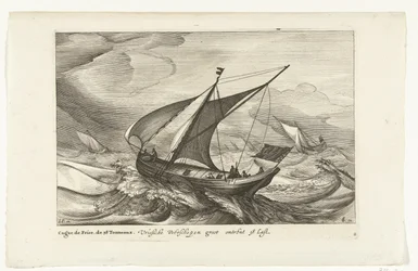 Frisiske ferger Vriesche Ferry skip store ca 38 Last / Cague de Frise. The 38 Tonneaux (tittel på objekt) Nederlandske skipstyper, 1627 (serietittel) Diverse Navires Don to se sert dans les Provinces Unies / Icones Variarum Navium Hollandicarum