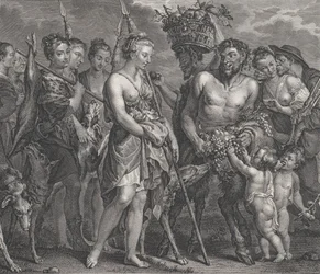 Diana kommer tilbake fra jakten, akkompagnert av hunder og nymfene hennes til venstre, to satyrer..., ca. 1808
