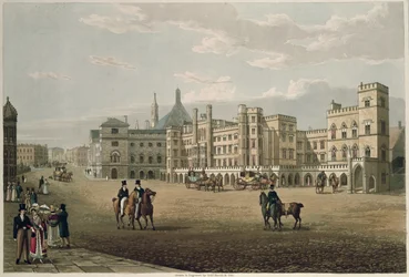 Utsikt over House of Lords and Commons, fra Old Palace Yard, pub. 1821 av Colnaghi und Co. (akvatint)