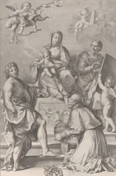 Madonna og barnet i sentrum med døperen Johannes, Lukas, pave Peter Celestini,..., 1694.