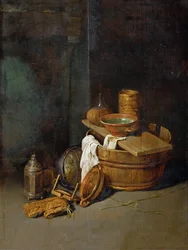 Nature morte avec des ustensiles de cuisine - Stilleben med husgeråd, av Hoecke, Robert van den (1622-1668). Olje på tre