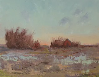Kornmagasiner ved Slough, 2023 (olje på linpanel)