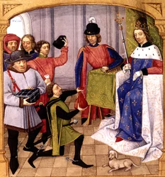 Den franske kong Filip 5. (1293-1322) mottar skatt, illuminert manuskriptbilde av Robinet Testard fra "Grandes chroniques de France", 1471