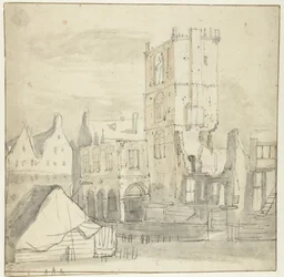 Ruinene av det gamle rådhuset, Amsterdam, etter brannen i 1652