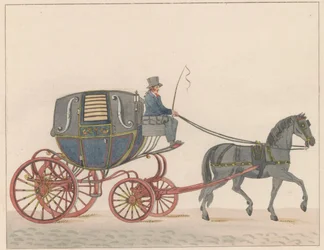 Hestevogn i Amsterdam, ca. 1825 En Amsterdamsche Huurkoetsje eller moped / Un Fiacre de Louage en bruk i Amsterdam A ij connu sous la nom de Brommertje (tittel på objekt)