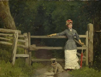 Kvinne og hund ved porten, ca. 1875?-80