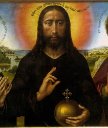 Kristus forløser mellom Jomfruen og Saint John the Evangelist sier Triptych Braque. Detalj av Kristus. Maleri av Rogier (Roger) Van Der Weyden (1400 - 1464) Ec. Flam.