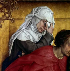 Avsetning eller nedstigning av korset. Detalj av karakteren i tårer. Rogier altertavle (Roger) Van Der Weyden (1400-1464) 1435 Dim. 2,20 x 0,35 m Madrid, Musee du Prado - Avsetningen eller nedstigningen fra korset. Detalj av de sørgende karakterene. Altarp