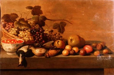 Stilleben av frukt og fuglevilt