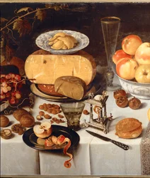 Stilleben. Epler, ost, frukt, servise (olje på eik)