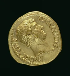 Aureus (forsiden) av Hadrian (117-138 e.Kr.) barhodet. (gull) Inskripsjon: HADRIANVS AVGUSTVS (for bakside se 119153)