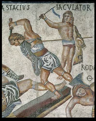 Kamp mellom gladiatorer, detalj av en gladiator som kjemper og en seirende gladiator, 320 AD (mosaikk)
