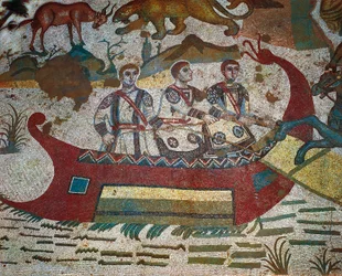 Detalj fra mosaikken Den store jakten, Villa Romana del Casale, Piazza Armerina, Sicilia, Italia, 4. århundre