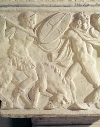 Detalj av en sarkofag som viser en romersk soldat som kjemper mot en galatisk stein