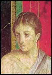 Detalj av hodet til den sittende mor, fra katekismescenen, Nordmuren, Oecus 5, 60-50 f.Kr. fresco se også 20015