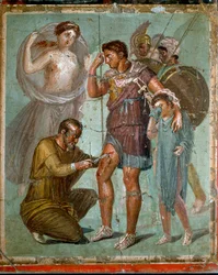 Den sårede Aeneas med sin sønn Iulus behandles av den greske legen Iapyx, sønn av Iaso. Romersk freske fra 1. århundre e.Kr. fra Pompeii. Napoli, Det nasjonale arkeologiske museum
