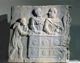 Fragment av sarkofag som viser pengeveksler, fra Roma, Viale del Re