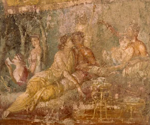 Freske som viser en tricliniumscene, fra Pompeii, Italia
