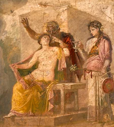 Freske med et erotisk motiv som skildrer en dionysisk scene, fra Pompeii (UNESCOs verdensarvliste)