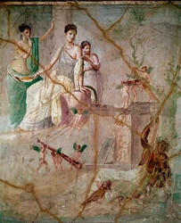 Herakles og Omfale, romersk freske i 3. pompeianske stil fra Pompeii, 40-60 e.Kr., mål 88 x 103 cm, bevart ved Det nasjonale arkeologiske museet i Napoli, Italia