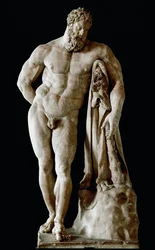 Farnese-Herkules, kolossal marmorskulptur av Glykon fra Caracallas termer i Roma etter en gresk original av Lysippos fra Sikyon, mål 3,17 m, 3. århundre e.Kr. - Det arkeologiske museet i Napoli - Farnese-Herkules - Marmorskulptur (H. 31)