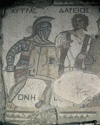 Maleri av to gladiatorer på en mosaikkvegg, Kourion, Limassol, Kypros