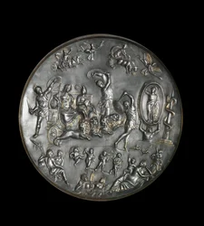 Patere de Parabiago, sølv rituell tallerken som viser triumfen til Attis (eller Atys) og Cybele på en vogn avfyrt av løver, 4. århundre. Sølv: Diameter: 40 cm. Musee archelogique de Milan. - Patera of Parabiago, rituell sølvplate, som representerer triumfe