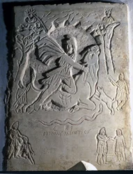 Relieff som viser den iranske guddommeligheten Mithra (eller Mitra) slakter oksen, et dyr assosiert med den. 4. århundre. Palazzo dei Conservatori, Roma.