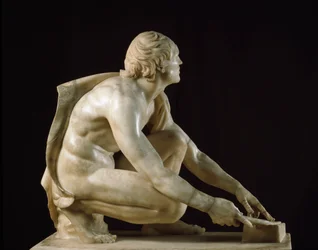 Romersk kunst: "" En sliper som skjerper knivene sine"" Romersk marmorskulptur fra 1. århundre f.Kr. etter en gresk original. Dim. 105 cm Firenze, Galleria degli Uffizi, Tribuna