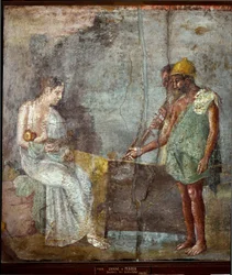Romersk kunst: «Danaë og sønnen Persevs blir funnet av fiskere på stranden på Serifos» - Freske fra Pompeii, tredje stil, mål: 67 x 63 cm - Det nasjonale arkeologiske museet, Napoli